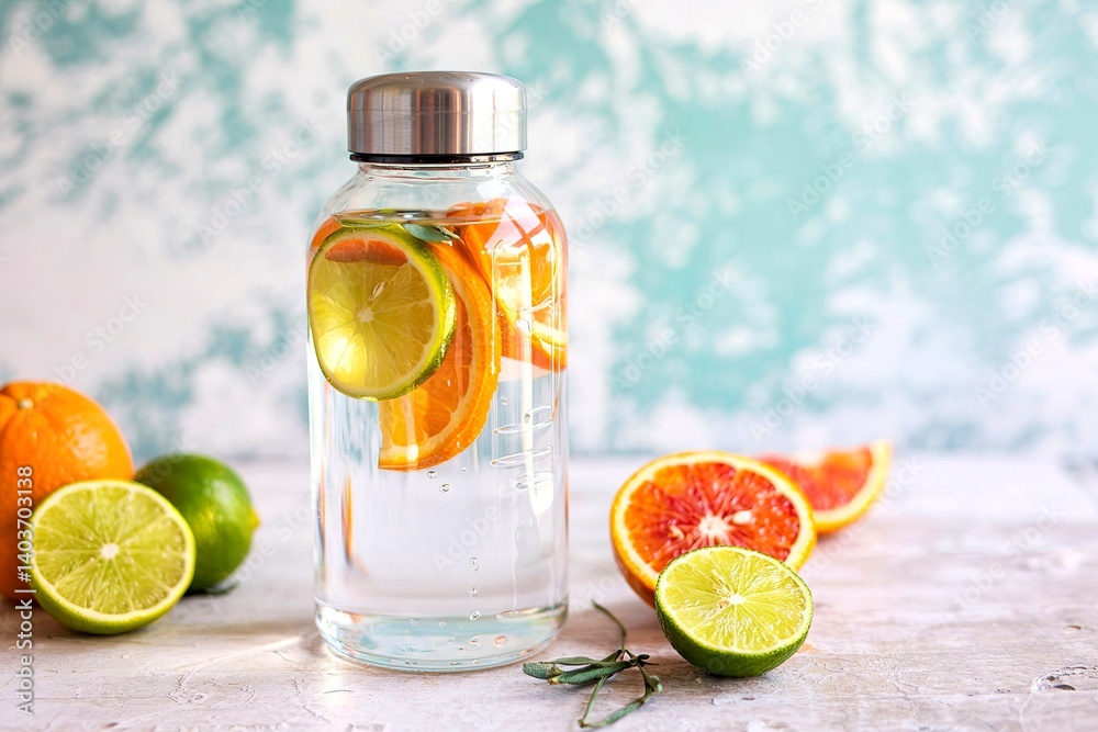 Infused water with orange and lime in a bottle Infused water with orange and lime in a bottle