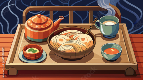 A tray of food with a teapot and cups on a table. The tray is wooden and has a variety of dishes, including a bowl of noodles and a cup of tea. The scene is set in a cozy, homey atmosphere