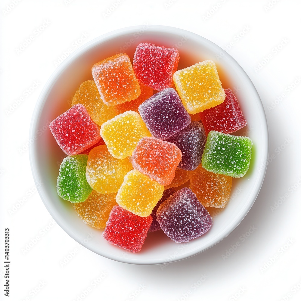 Colorful, square-shaped gummy candies in a bowl Colorful, square-shaped gummy candies in a bowl