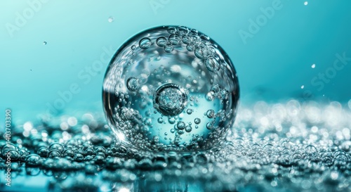 Macro shot of air bubble suspended in blue liquid surrounded by smaller bubbles