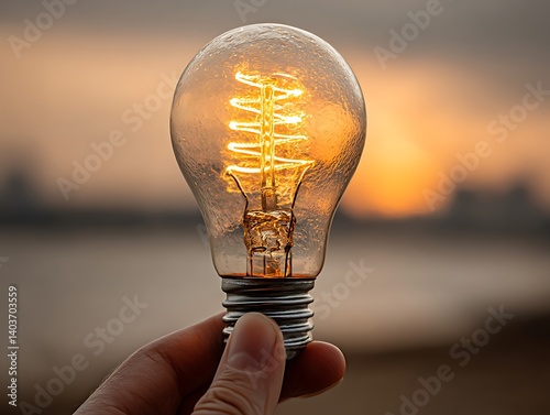 Hand Holding Lightbulb Sunset. (1)