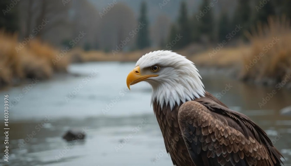Majestic Bald Eagle by Riverbank, Autumnal Landscape Majestic Bald Eagle by Riverbank, Autumnal Landscape