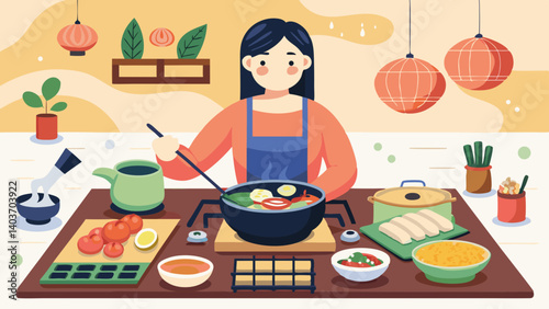 A woman is cooking in a kitchen with a bowl of soup on the table. She is using chopsticks to eat the soup. The kitchen is decorated with plants and has a variety of food items on the table