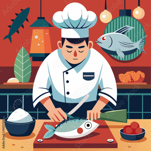 A chef is cutting vegetables on a cutting board. Scene is serious and focused, as the chef is concentrating on his task