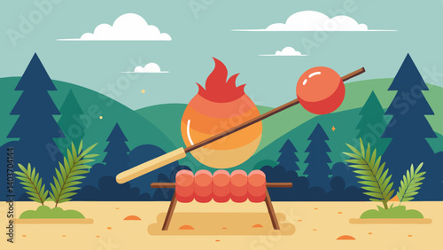 A stick is used to cook food over a fire. The food is on a skewer and is being cooked over a fire
