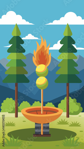 A stick is used to cook food over a fire. The food is on a skewer and is being cooked over a fire