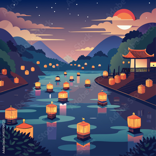A beautiful landscape with a river and a moon in the sky. The scene is peaceful and serene