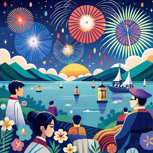 A group of people are watching fireworks over a lake. The sky is filled with colorful fireworks, and the water is calm. The people are sitting on the shore, enjoying the beautiful view