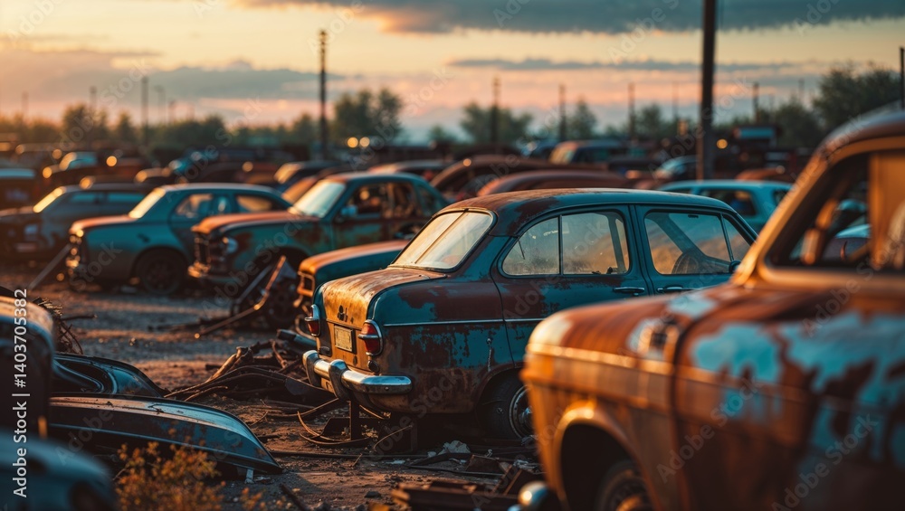 Fototapeta premium A scenic sunset over an old junkyard filled with rows of rusty and abandoned classic cars.
