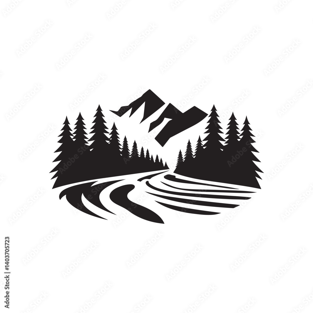 Fototapeta premium river mountain vector silhouette line art logo idea