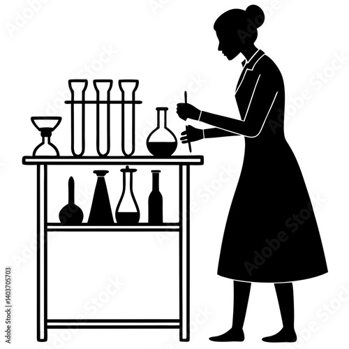 A silhouette of a woman lab technician wearing gloves, carefully arranging laboratory equipment on a table
