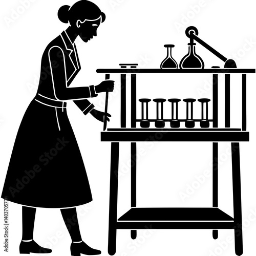 A silhouette of a woman lab technician wearing gloves, carefully arranging laboratory equipment on a table