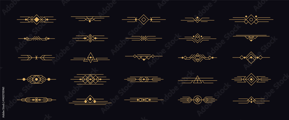 Art deco gold dividers. Vintage ornament headers. Retro 1920s decorative border for text, book page, newspapers. Line geometric vignette decor and elements. Vector divider set