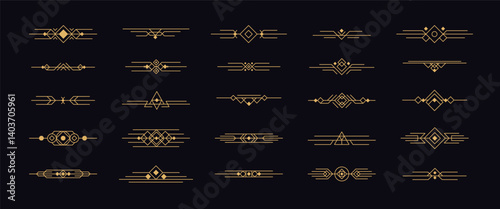Art deco gold dividers. Vintage ornament headers. Retro 1920s decorative border for text, book page, newspapers. Line geometric vignette decor and elements. Vector divider set