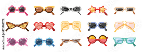 Sunglasses. Retro summer glasses. Cartoon colorful fashionable glasses with various frames. Vintage women accessories for sunshine protection. Fashion party eyewear vector set