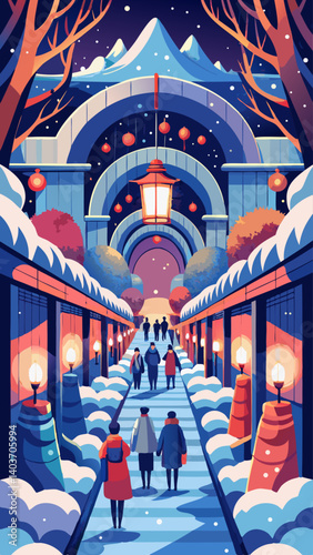 A group of people are walking down a snowy path. The scene is set in a winter wonderland, with snow-covered trees and a bridge in the background. The people are dressed warmly, with some wearing hats
