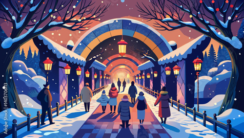 A group of people are walking down a snowy path. The scene is set in a winter wonderland, with snow-covered trees and a bridge in the background. The people are dressed warmly, with some wearing hats