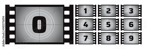 Film countdown frame. Retro movie reel. Counted down numbers. Visual element cinema projection. Circular timer, bold numbers count down from 0 to 9. Vector video project