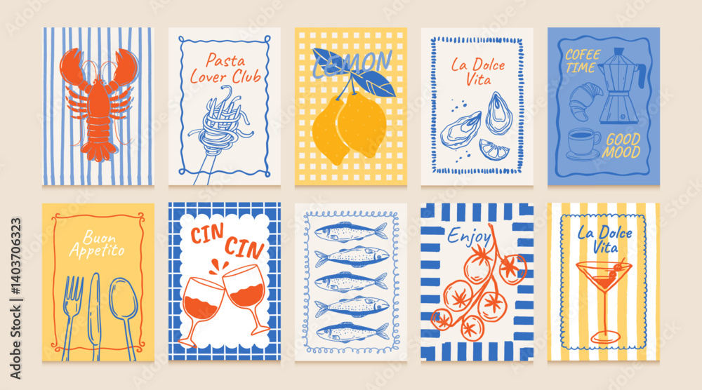 Fototapeta premium Hand drawn food posters. Doodle Mediterranean cuisine with text quote. Template La Dolce Vita style with seafood, vegetable, pasta, drink for cafe social media. Vector set