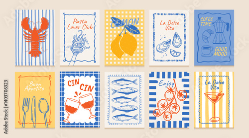 Hand drawn food posters. Doodle Mediterranean cuisine with text quote. Template La Dolce Vita style with seafood, vegetable, pasta, drink for cafe social media. Vector set