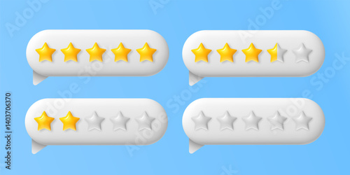 3d rating stars. Speech bubble with 5 golden and white star. Feedback box with good and bad review. Customer positive and negative rate. Client evaluation. Realistic vector concept