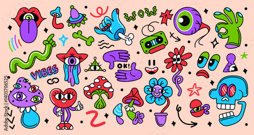 Psychedelic stickers. Abstract cartoon surreal characters and elements. Funky emoji, hallucination mushrooms, weird eyes and hands, heart, flowers. Groovy vector collection