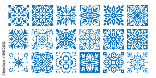 Azulejos pattern. Mediterranean tile ornaments. Traditional ceramic tiles. Blue and white traditional Portuguese, Spanish geometric, ceramic floral mosaic. Decorative vector set