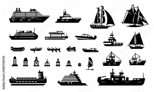 Water transport. Black silhouette ships and boats. Various industrial vessels, logistic shipping, sea transportation. Fishing, sail boating symbols. Ships icons. Vector collection
