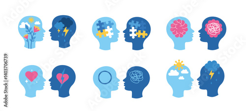 Psychology support. Mental health, positive and negative thinking. Psychotherapy. Mental mind. Anxiety, stress and relax, happiness. Good and bad situation inside head. Vector concept