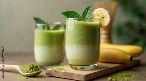 Two glasses of green smoothie layered with banana and matcha sit on a wooden surface. Fresh mint leaves garnish the drinks, while a banana and matcha powder are nearby, creating a vibrant display