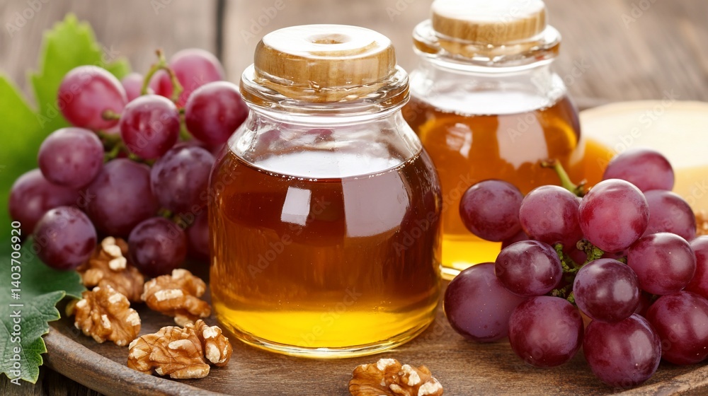 Delicious grapes, walnuts, and amber-hued liquid in small glass jars Delicious grapes, walnuts, and amber-hued liquid in small glass jars