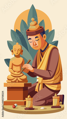 A man in a yellow robe sits cross legged and eating food. He is surrounded by plants and a Buddha statue
