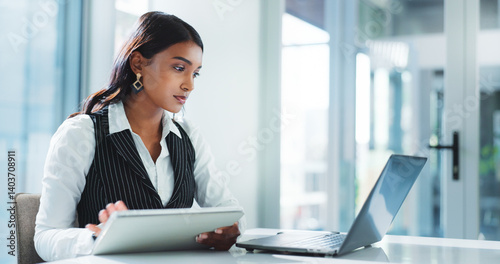 фотографія Corporate, serious and woman with laptop, reading and planning for case with info on tablet or lawyer