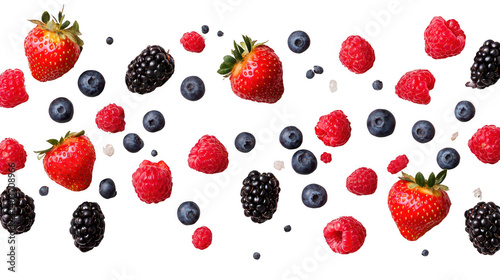 Assortment of vibrant berries scattered against a solid black background