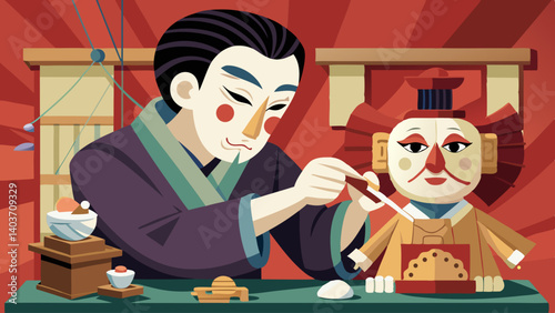 A man is painting a doll. The doll is red and has a black hat. The man is wearing a blue robe