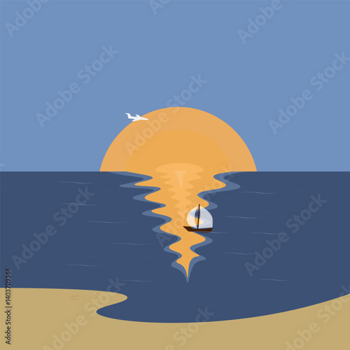 A white yacht sails across the sea at sunset to a tropical beach. The concept of travel and recreation. Vector illustration