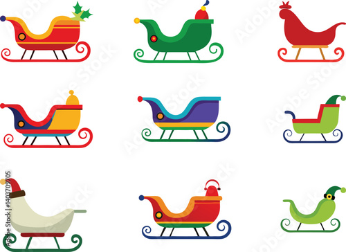 Colorful Christmas Sleighs Holiday Festive Designs, Different type sleigh flat vector illustration 