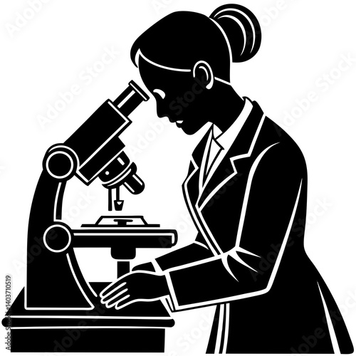 A silhouette of a woman researcher looking through a microscope, focused on a sample 