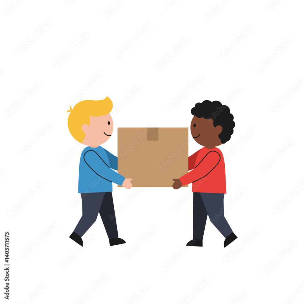 Two children smiling while carrying a box in flat vector art style Two children smiling while carrying a box in flat vector art style