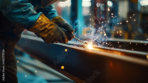 Steelworker welding beams at a construction site. Featuring sparks and precision