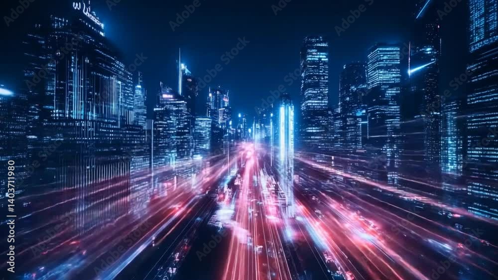 Cyberpunk Cityscape:  A Nighttime Metropolis of Light Trails and Skyscrapers
