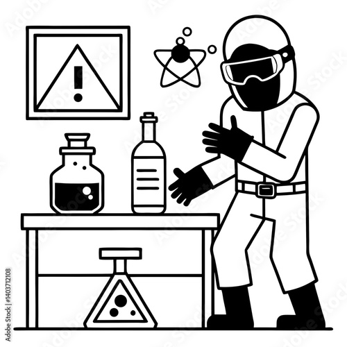 silhouette of a scientist in protective gear, working with hazardous materials in a secure laboratory environment