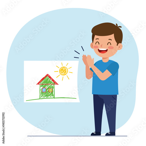 Happy child applauding in front of a colorful drawing in flat vector art