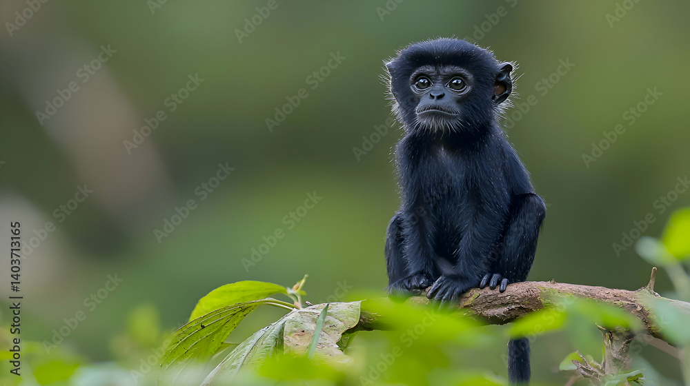 Fototapeta premium Wet Black Baby Monkey Sitting on Branch in Lush Green Forest