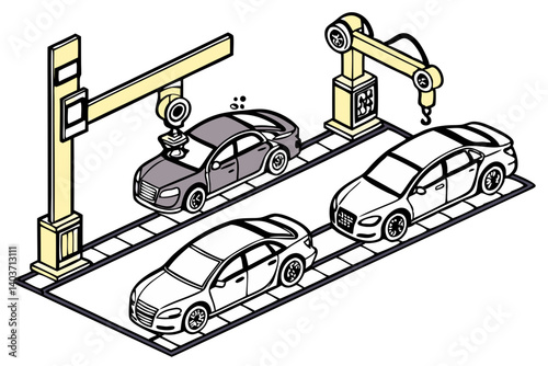 Vector of cars being assembled by robots on a factory line, isolated on white background.
