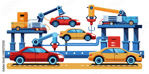Vector of cars being assembled by robots on a factory line, isolated on white background.
