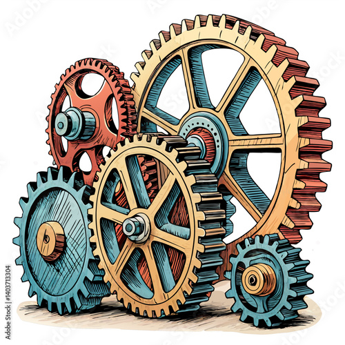 Vector of large mechanical gears and cogs working together, isolated on white background.
