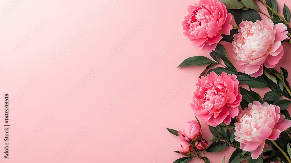 Top view of photo frame and pink peony roses on pastel pink background. Top view of photo frame and pink peony roses on pastel pink background.