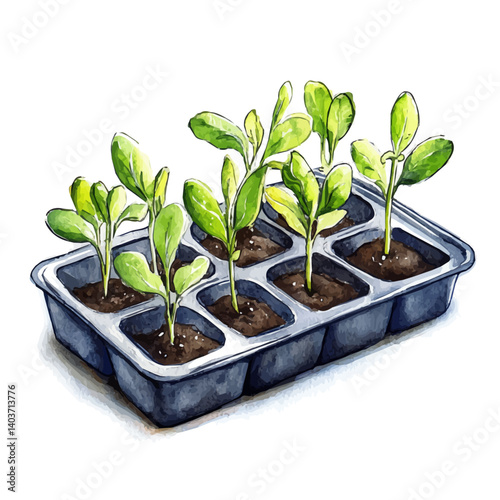 illustration of Greenhouse Planter Tray With Seedlings, watercolor vector, isolated on a white background.
