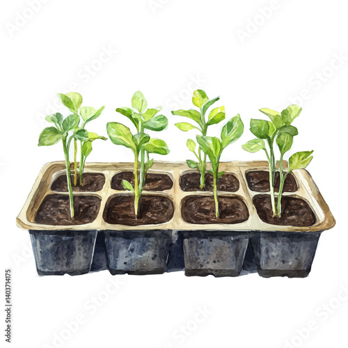 illustration of Greenhouse Planter Tray With Seedlings, watercolor vector, isolated on a white background.